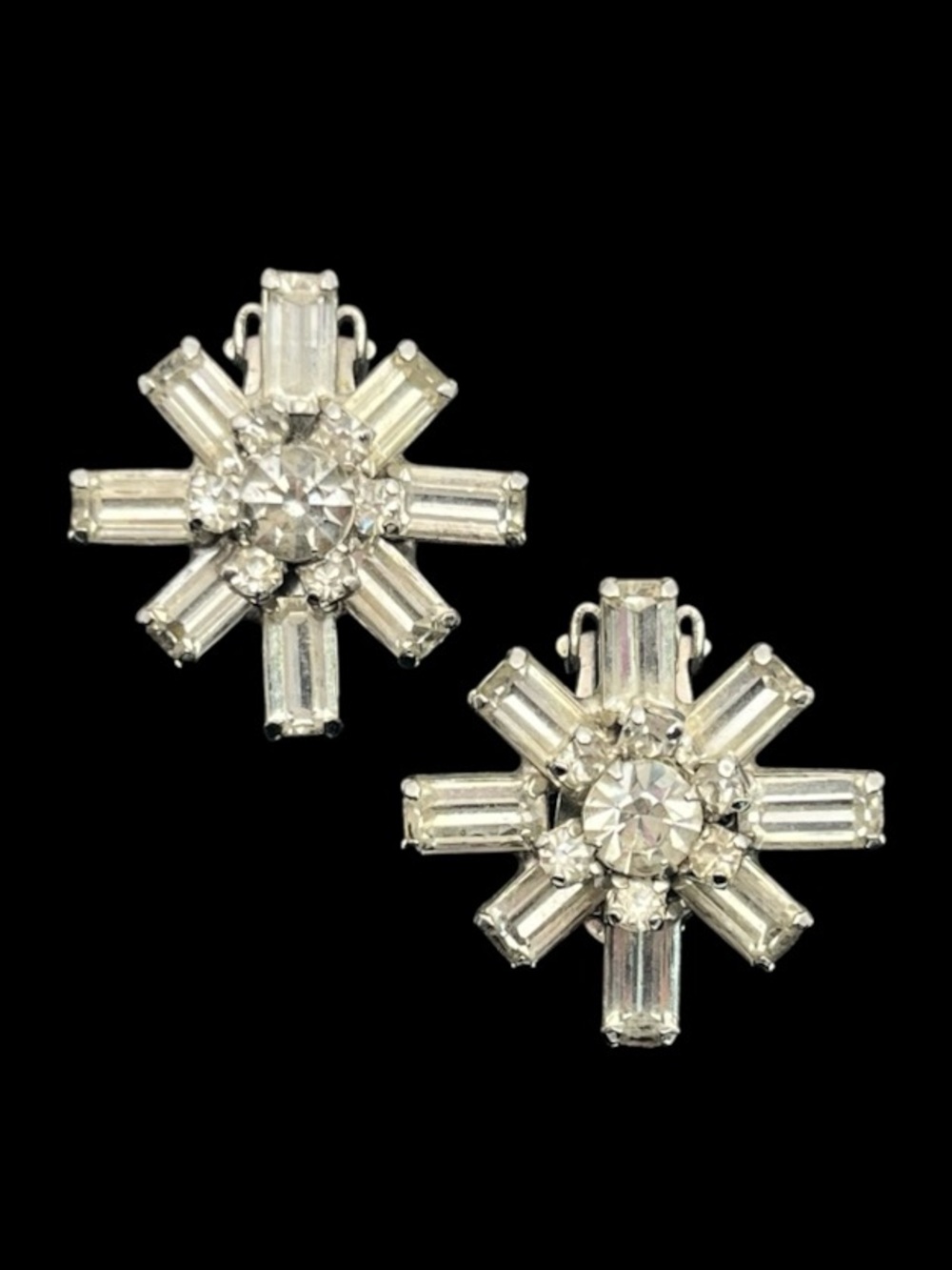 Starburst flower cluster clear rhinestone silver tone clip on vintage earrings